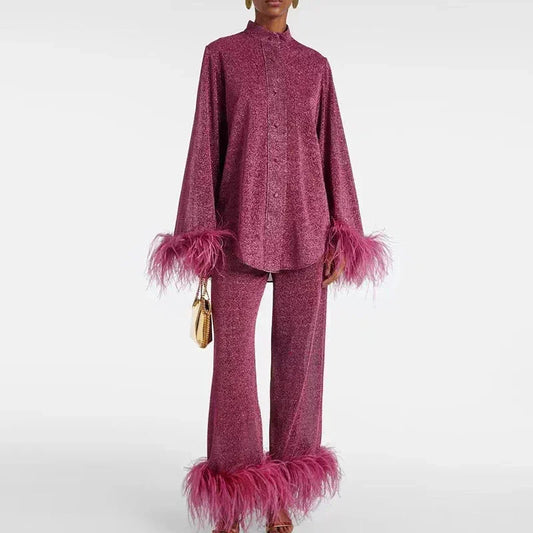 Women’s Two-Piece Set with Long Sleeve Shirt and Wide Pants with Feather Trim - 1