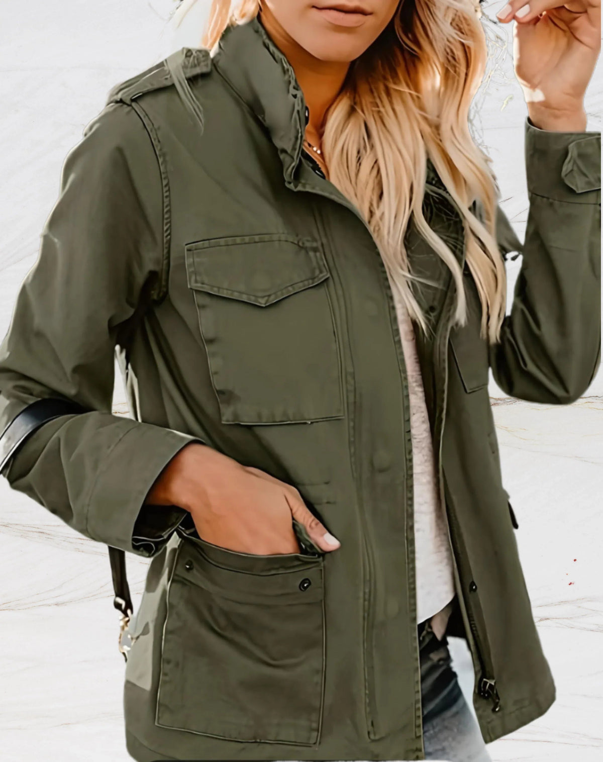 Women's Utility Jacket with Stand-Up Collar, Zip Front and Four Pockets