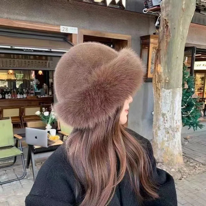 Women's Voluminous Plush Winter Hat with Rolled Brim