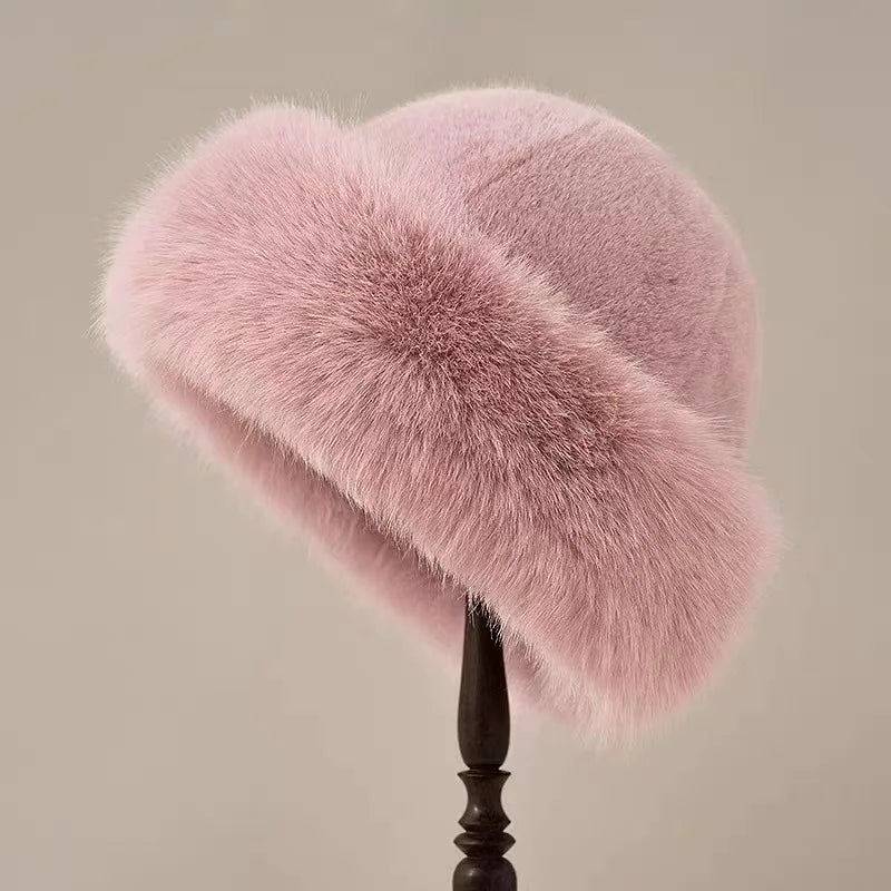 Women's Voluminous Plush Winter Hat with Rolled Brim