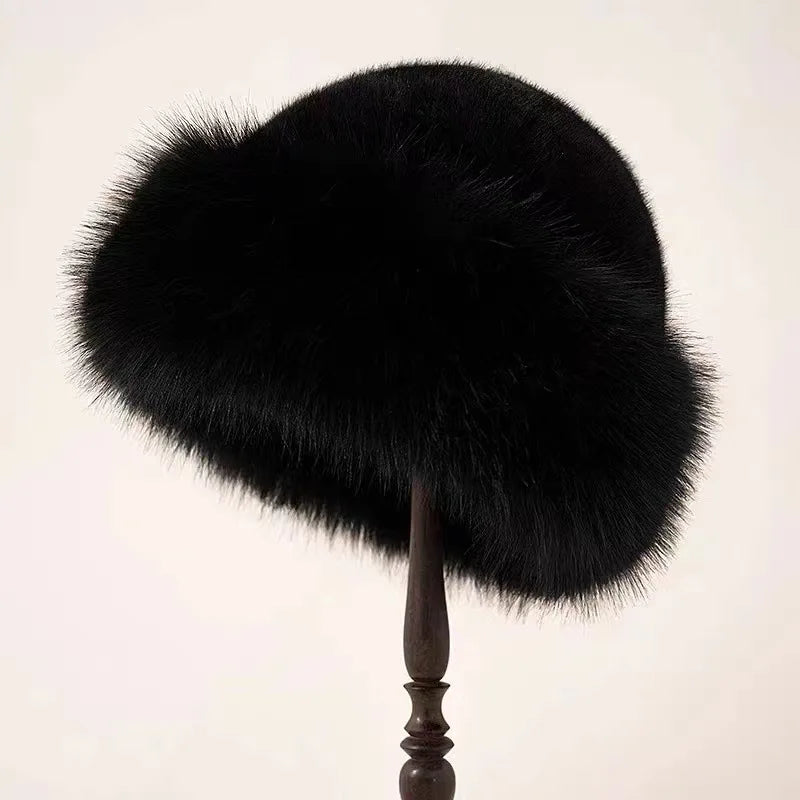 Women's Voluminous Plush Winter Hat with Rolled Brim