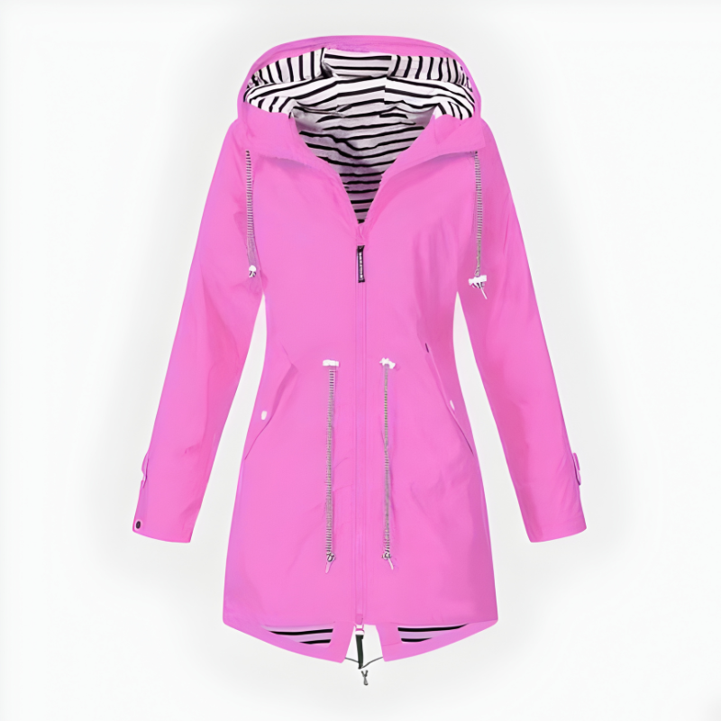 Women's Waterproof Long Rain Jacket with Hood and Front Zipper
