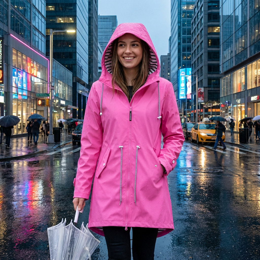 Women's Waterproof Long Rain Jacket with Hood and Front Zipper