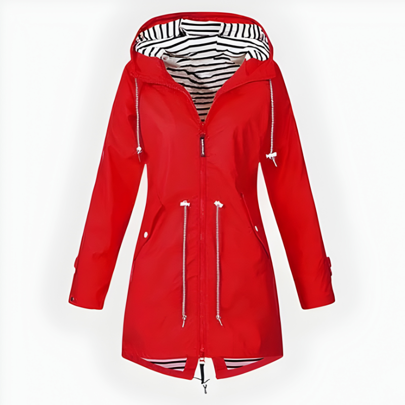 Women's Waterproof Long Rain Jacket with Hood and Front Zipper