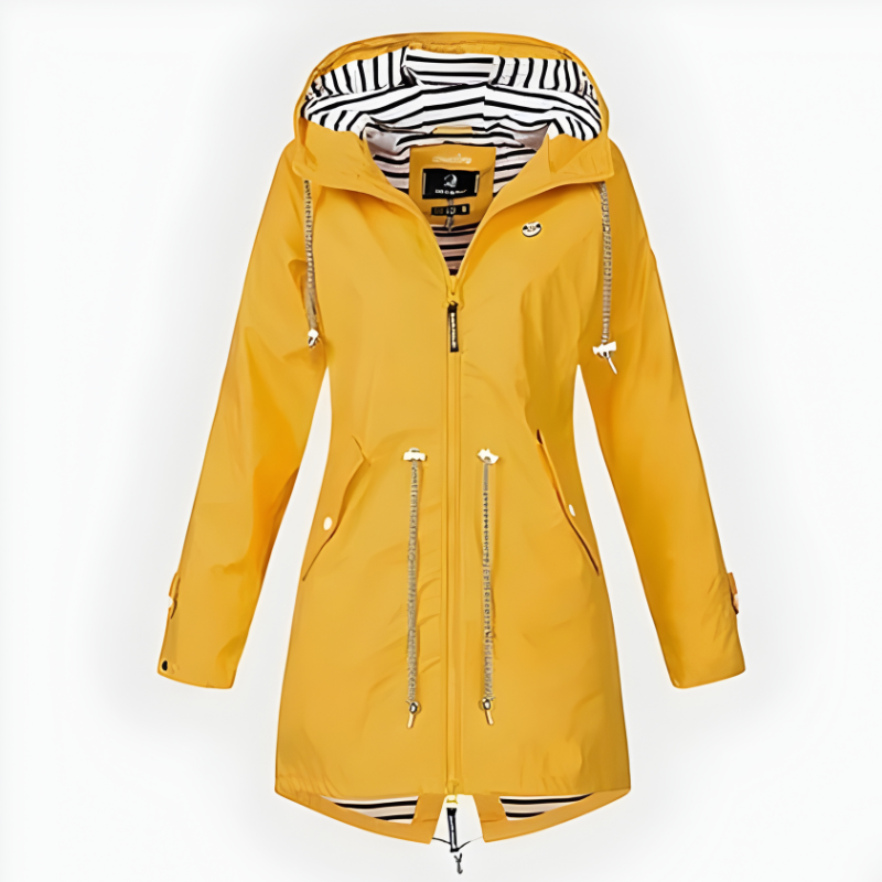 Women's Waterproof Long Rain Jacket with Hood and Front Zipper