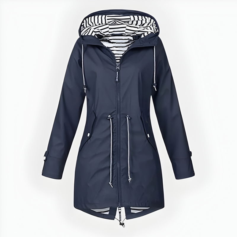 Women's Waterproof Long Rain Jacket with Hood and Front Zipper