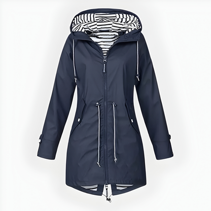 Women's Waterproof Long Rain Jacket with Hood and Front Zipper