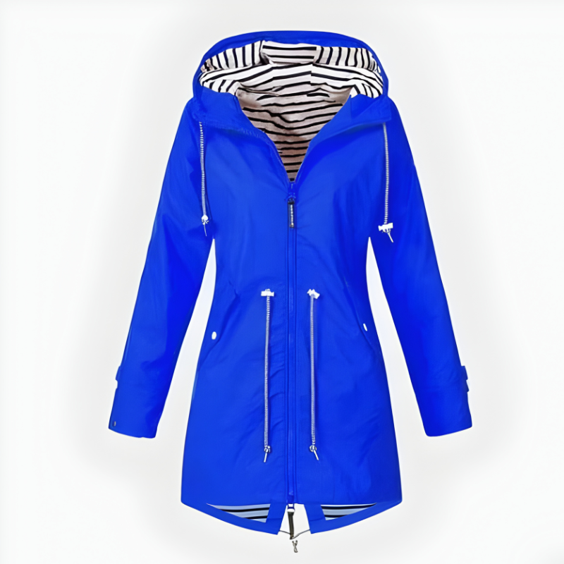Women's Waterproof Long Rain Jacket with Hood and Front Zipper