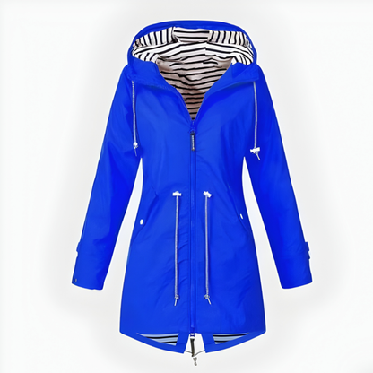 Women's Waterproof Long Rain Jacket with Hood and Front Zipper