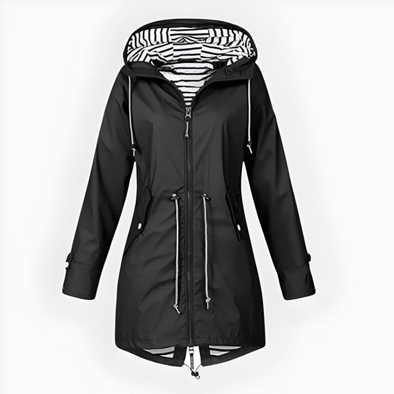 Women's Waterproof Long Rain Jacket with Hood and Front Zipper