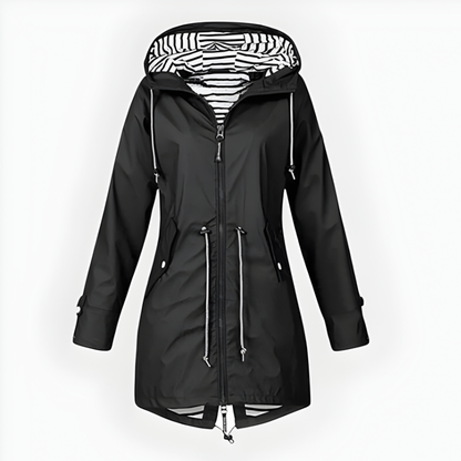 Women's Waterproof Long Rain Jacket with Hood and Front Zipper