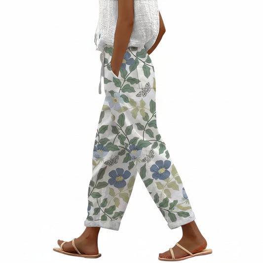 Women's Wide Leg Pants with Floral Print, Pockets, and Elastic Waist - 1
