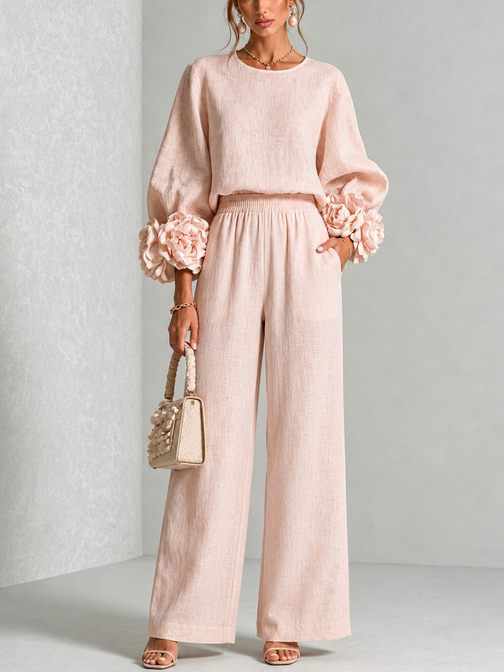 Women's Wide-Leg Two-Piece Set with Floral Cuffs and Round Neck