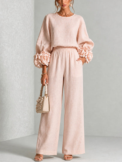 Women's Wide-Leg Two-Piece Set with Floral Cuffs and Round Neck