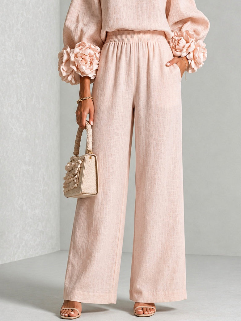 Women's Wide-Leg Two-Piece Set with Floral Cuffs and Round Neck