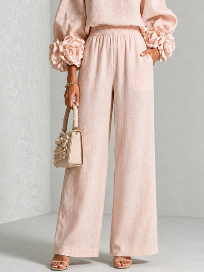 Women's Wide-Leg Two-Piece Set with Floral Cuffs and Round Neck