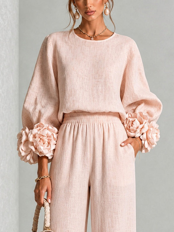 Women's Wide-Leg Two-Piece Set with Floral Cuffs and Round Neck