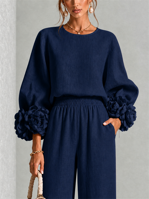 Women's Wide-Leg Two-Piece Set with Floral Cuffs and Round Neck