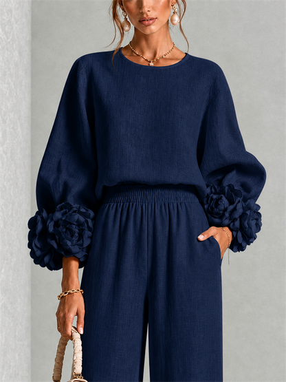 Women's Wide-Leg Two-Piece Set with Floral Cuffs and Round Neck