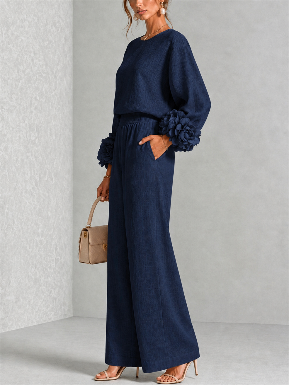 Women's Wide-Leg Two-Piece Set with Floral Cuffs and Round Neck