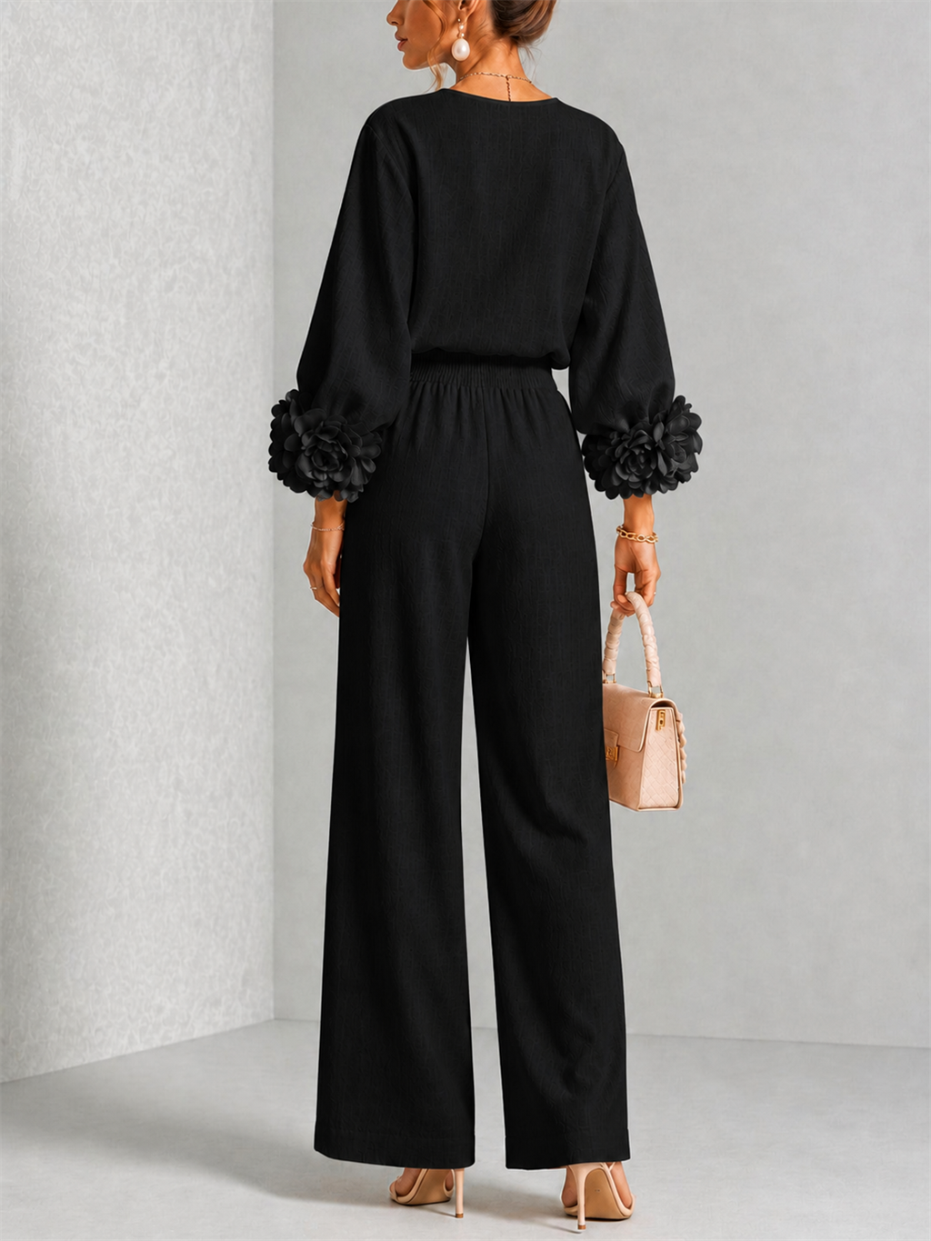 Women's Wide-Leg Two-Piece Set with Floral Cuffs and Round Neck
