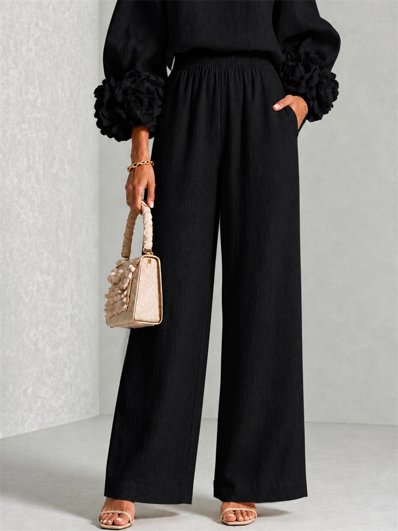 Women's Wide-Leg Two-Piece Set with Floral Cuffs and Round Neck