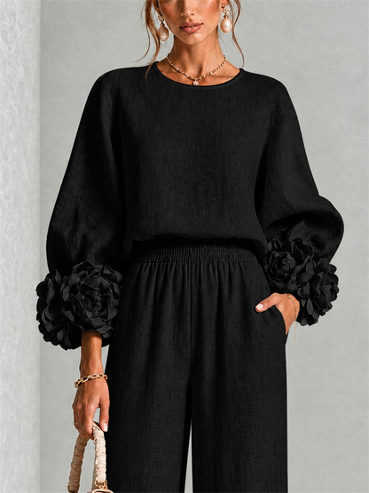 Women's Wide-Leg Two-Piece Set with Floral Cuffs and Round Neck
