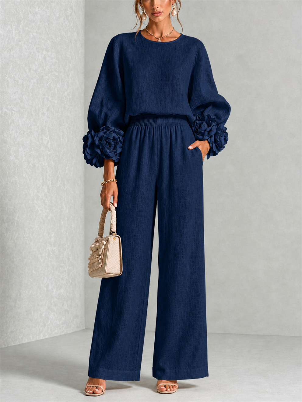 Women's Wide-Leg Two-Piece Set with Floral Cuffs and Round Neck