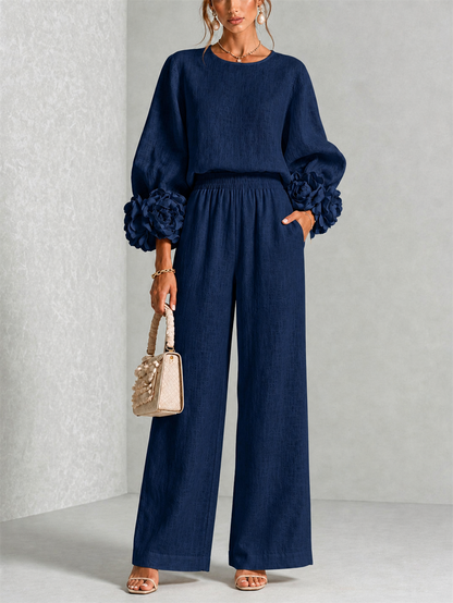 Women's Wide-Leg Two-Piece Set with Floral Cuffs and Round Neck