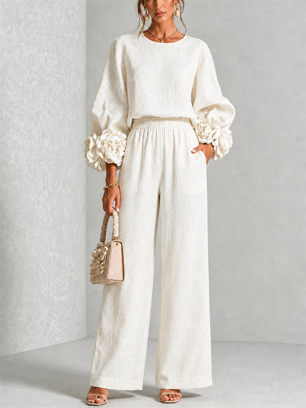 Women's Wide-Leg Two-Piece Set with Floral Cuffs and Round Neck
