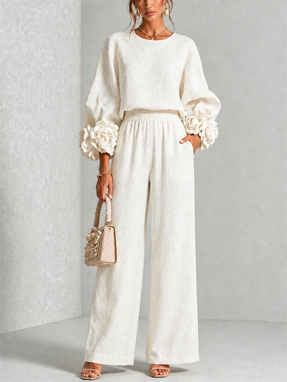 Women's Wide-Leg Two-Piece Set with Floral Cuffs and Round Neck