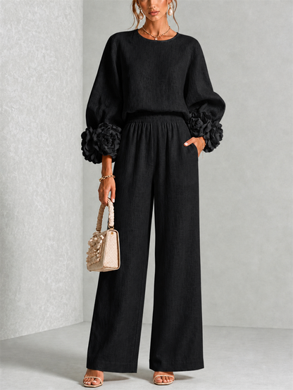 Women's Wide-Leg Two-Piece Set with Floral Cuffs and Round Neck