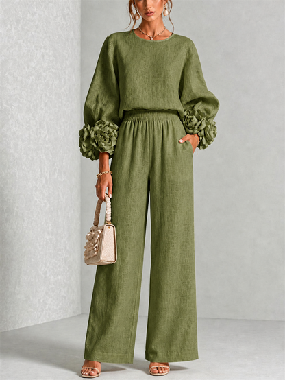 Women's Wide-Leg Two-Piece Set with Floral Cuffs and Round Neck