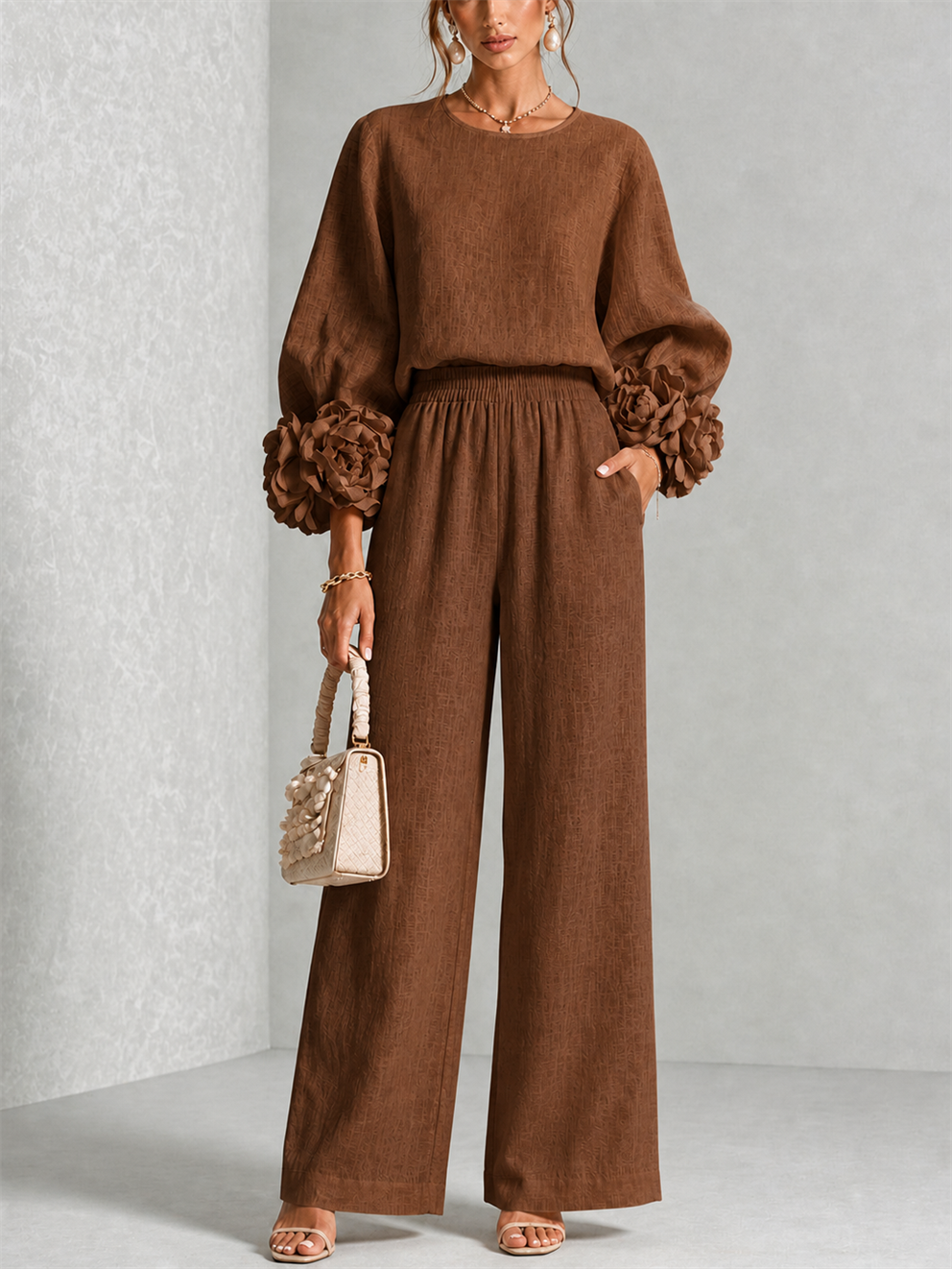Women's Wide-Leg Two-Piece Set with Floral Cuffs and Round Neck