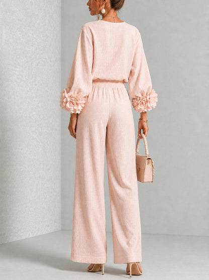 Women's Wide-Leg Two-Piece Set with Floral Cuffs and Round Neck