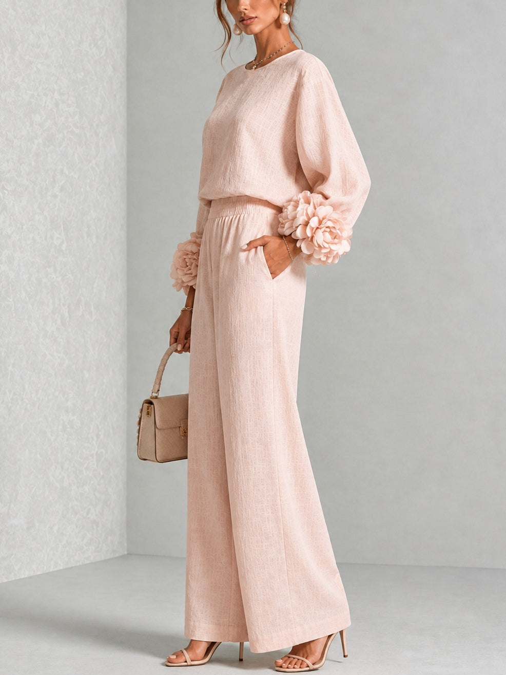 Women's Wide-Leg Two-Piece Set with Floral Cuffs and Round Neck