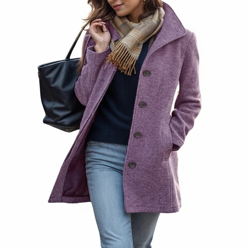 Women's Winter Coat with Lapel Collar and Button Closure