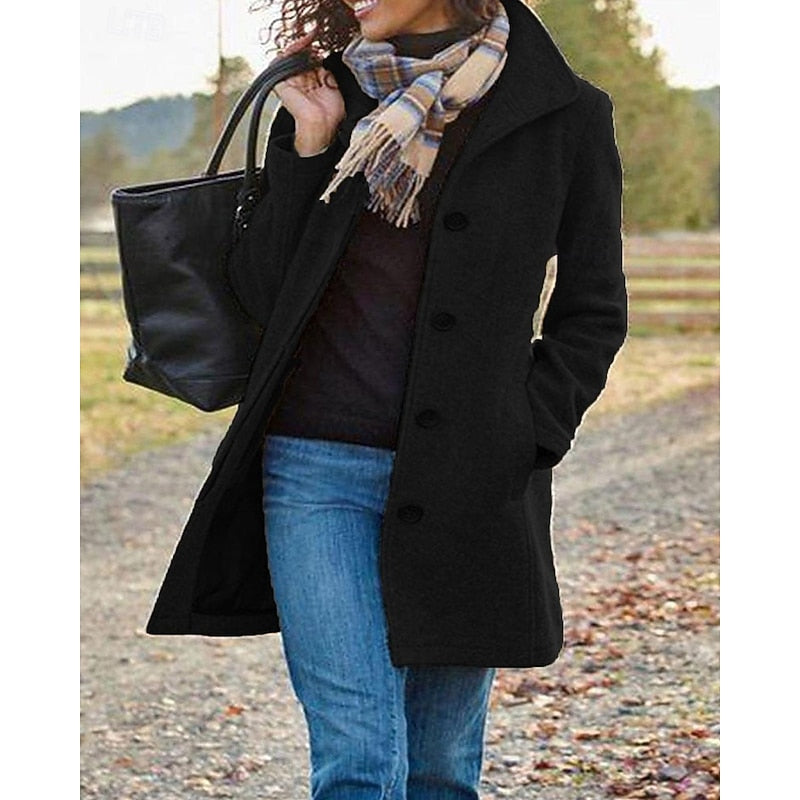 Women's Winter Coat with Lapel Collar and Button Closure