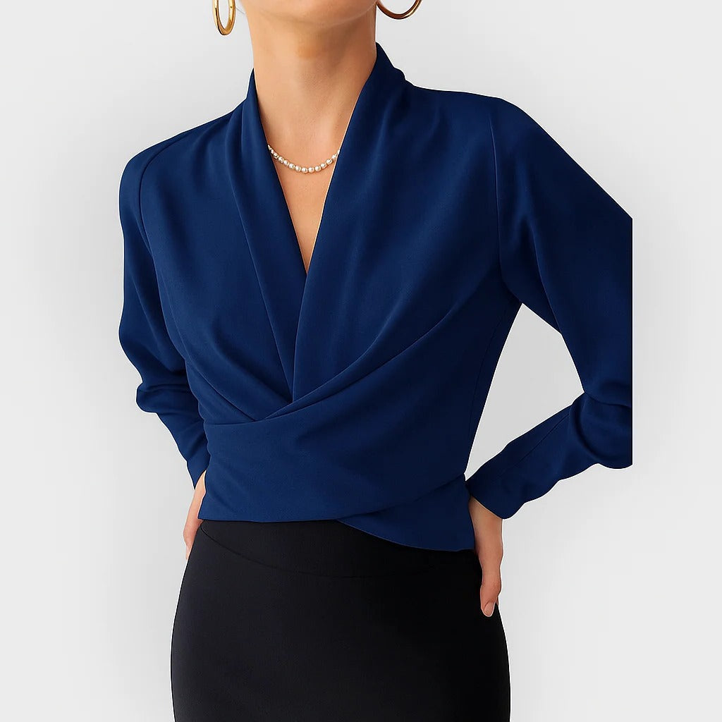 Women's Wrap Blouse with Deep V-Neck and Twisted Knot Hem
