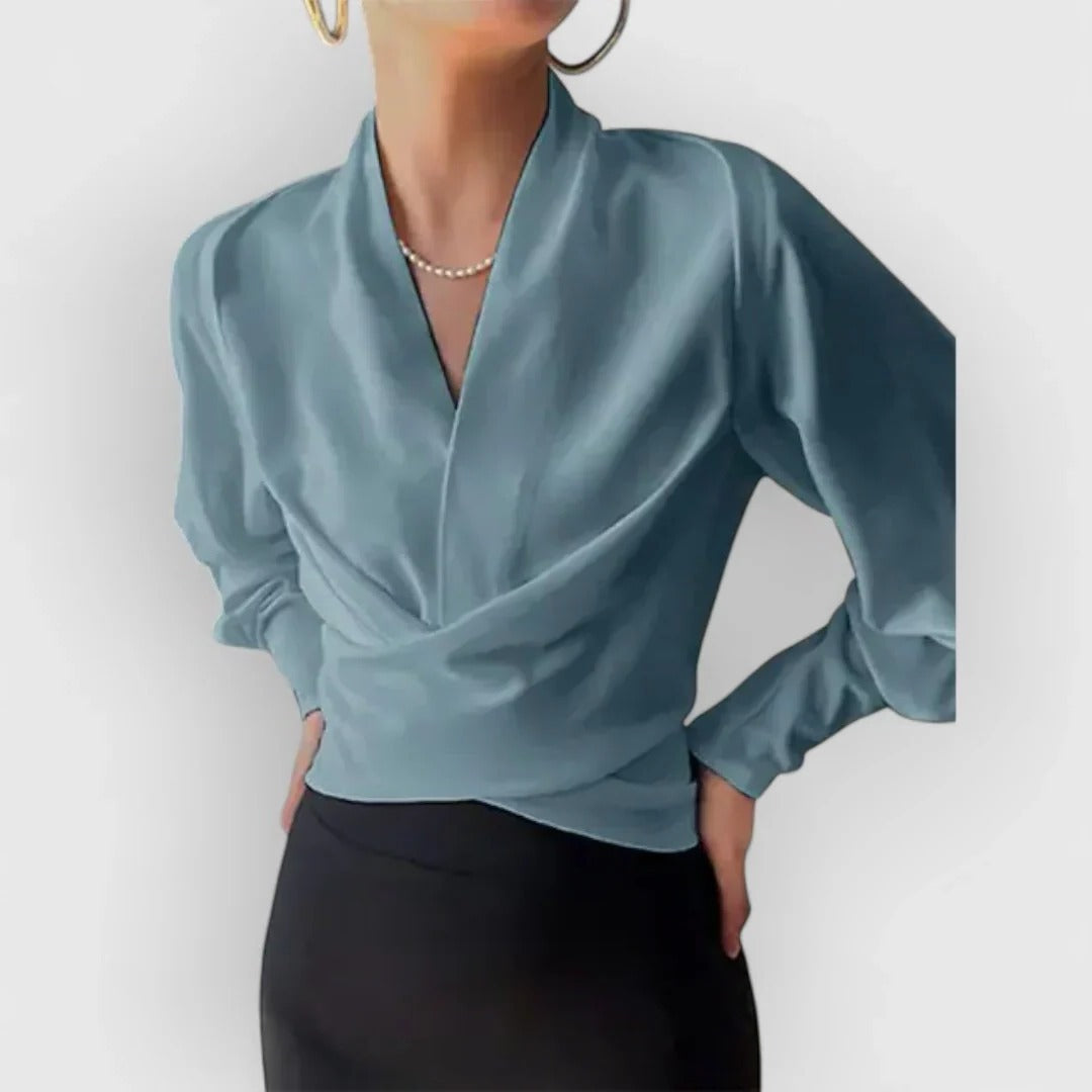 Women's Wrap Blouse with Deep V-Neck and Twisted Knot Hem