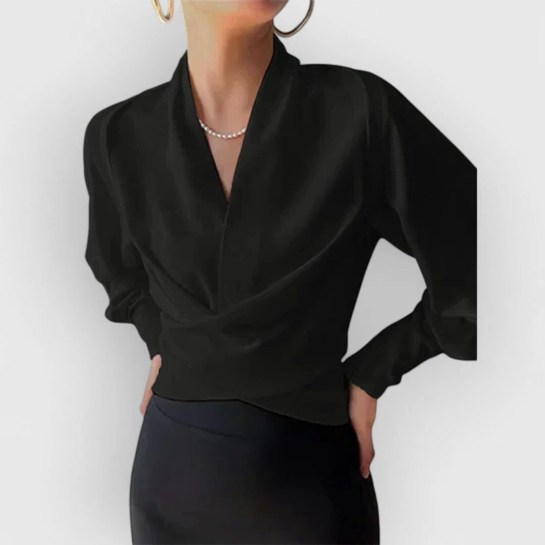 Women's Wrap Blouse with Deep V-Neck and Twisted Knot Hem