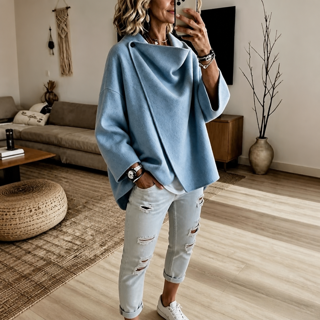 Women's Wrap Cape Jacket with Asymmetric Button Collar