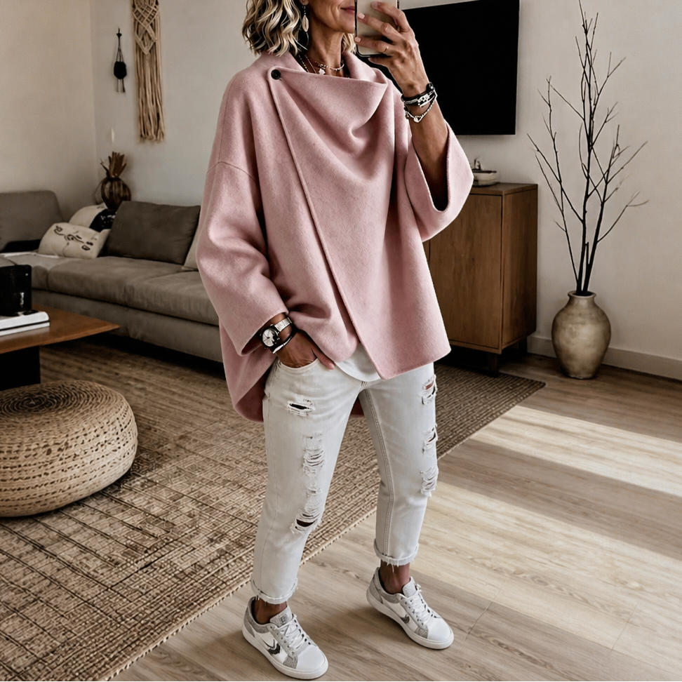 Women's Wrap Cape Jacket with Asymmetric Button Collar