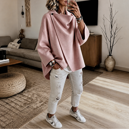 Women's Wrap Cape Jacket with Asymmetric Button Collar