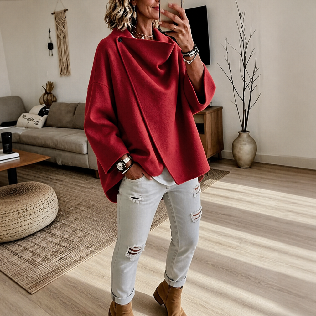 Women's Wrap Cape Jacket with Asymmetric Button Collar