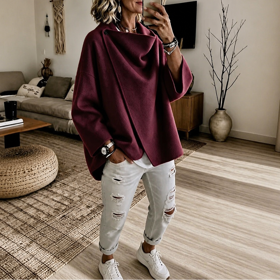 Women's Wrap Cape Jacket with Asymmetric Button Collar