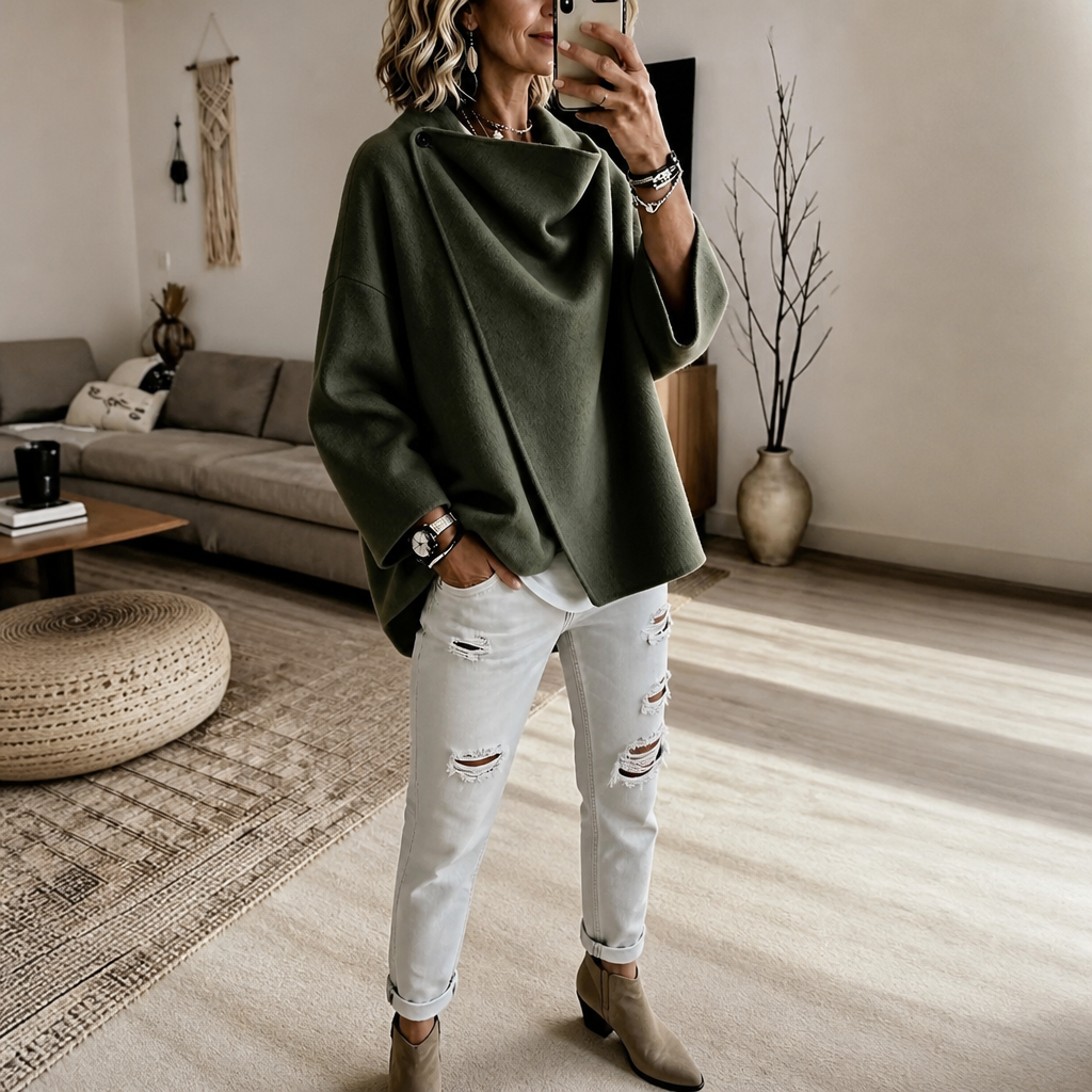 Women's Wrap Cape Jacket with Asymmetric Button Collar