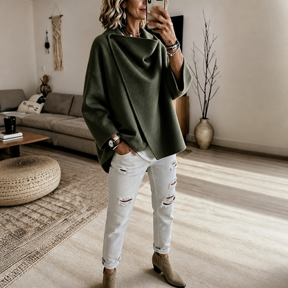 Women's Wrap Cape Jacket with Asymmetric Button Collar