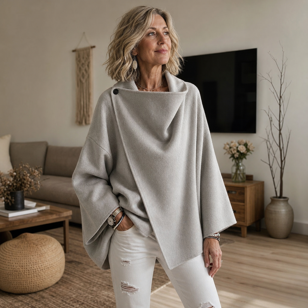 Women's Wrap Cape Jacket with Asymmetric Button Collar