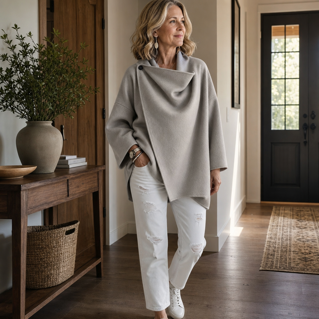 Women's Wrap Cape Jacket with Asymmetric Button Collar